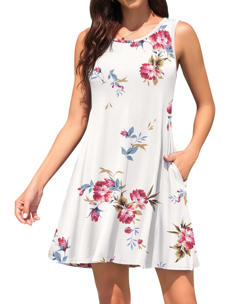 WEACZZY Women's Casual Swing Summer Dresses Loose T Shirt Dress with Pockets,Floral White,L - Image 2